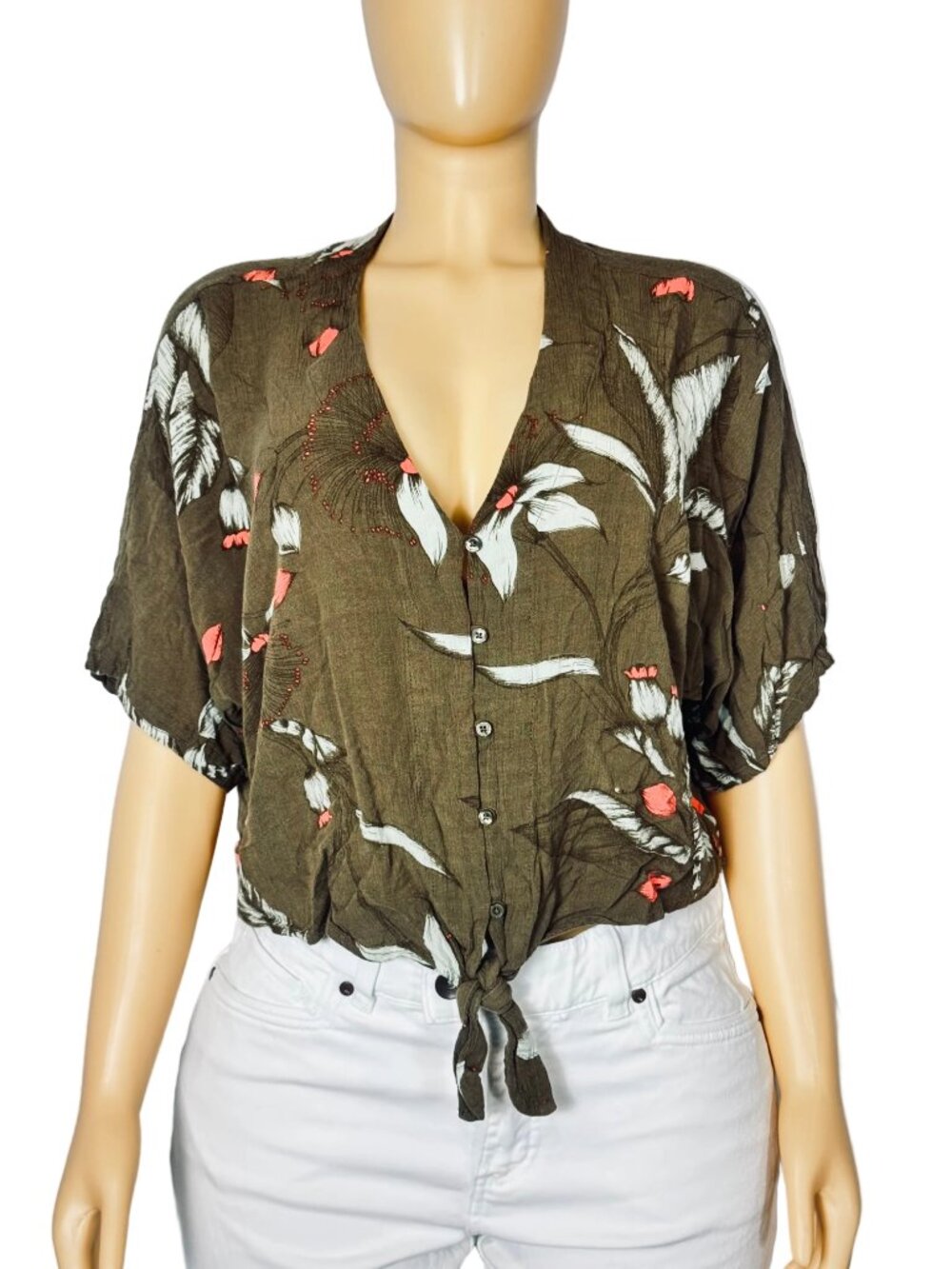 Y2K Style Express Olive Green Floral Tie-Front Crop Top Size S Small Short Sleev